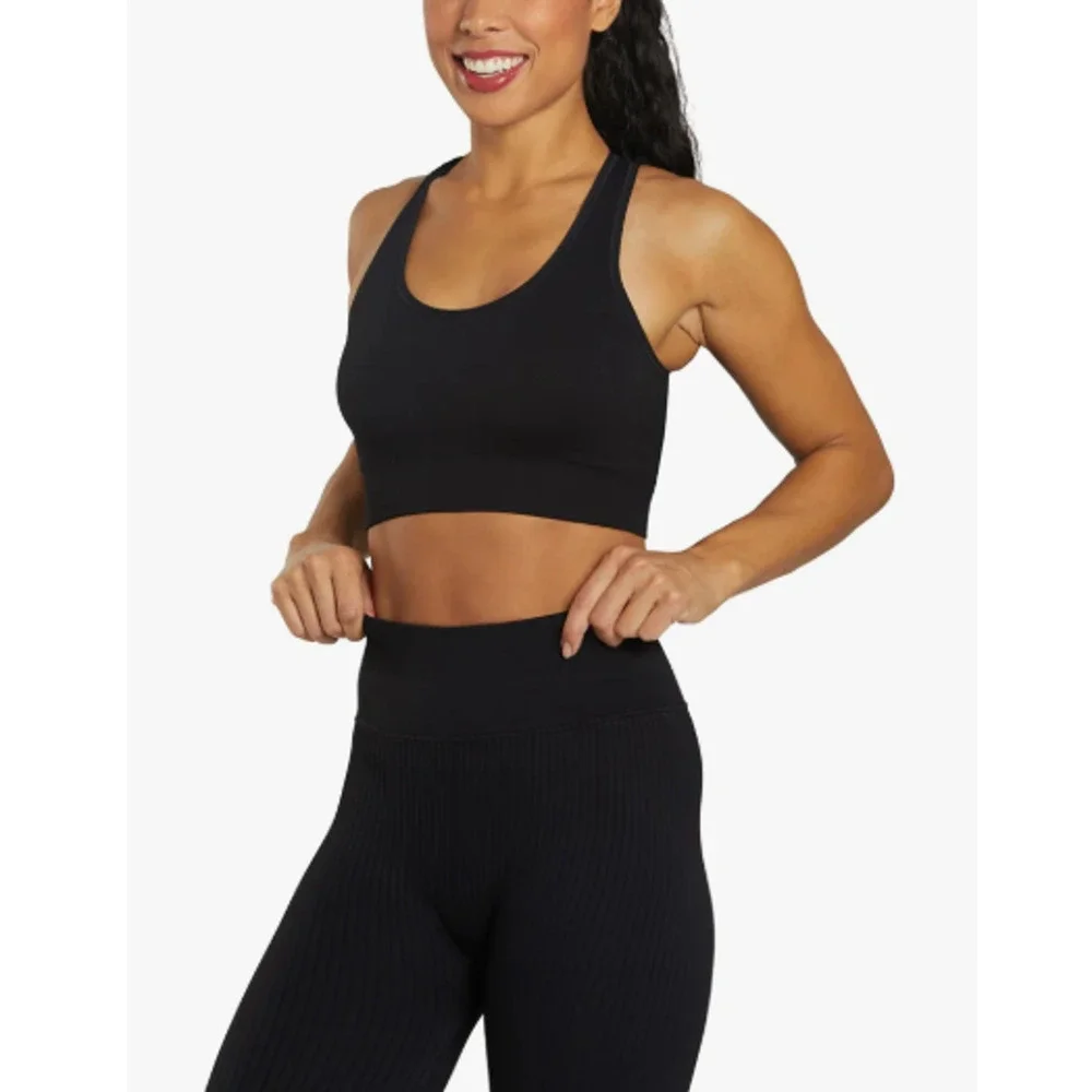 - New NUX Women's Black One by One Scoop Neck Ribbed Sports Bra Size Large